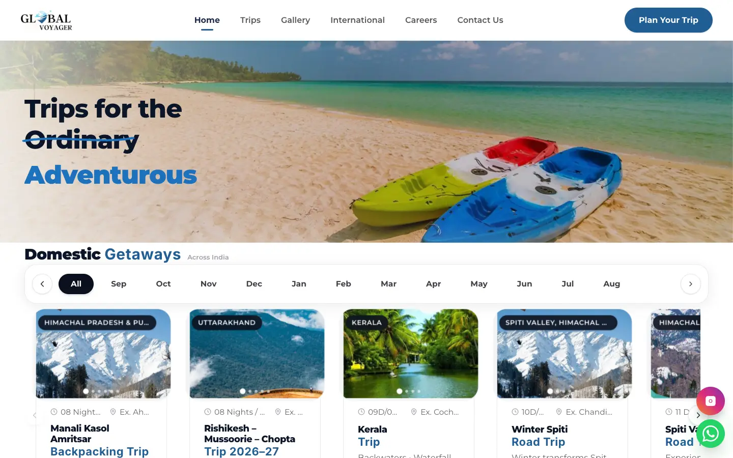 Global Voyager home page at desktop width, captured from globalvoyager.in