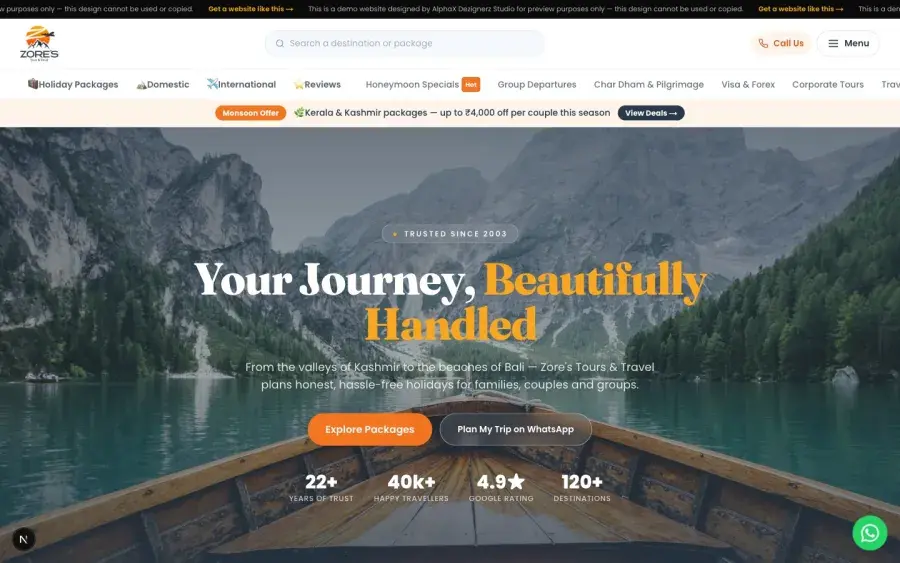 Zore's Tours & Travel — Domestic & international holiday packages website design