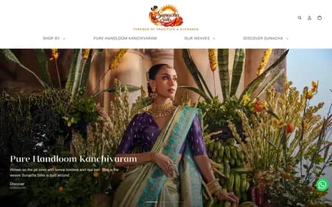 Online store homepage for a handloom saree brand, with shop menu, cart icon and WhatsApp button